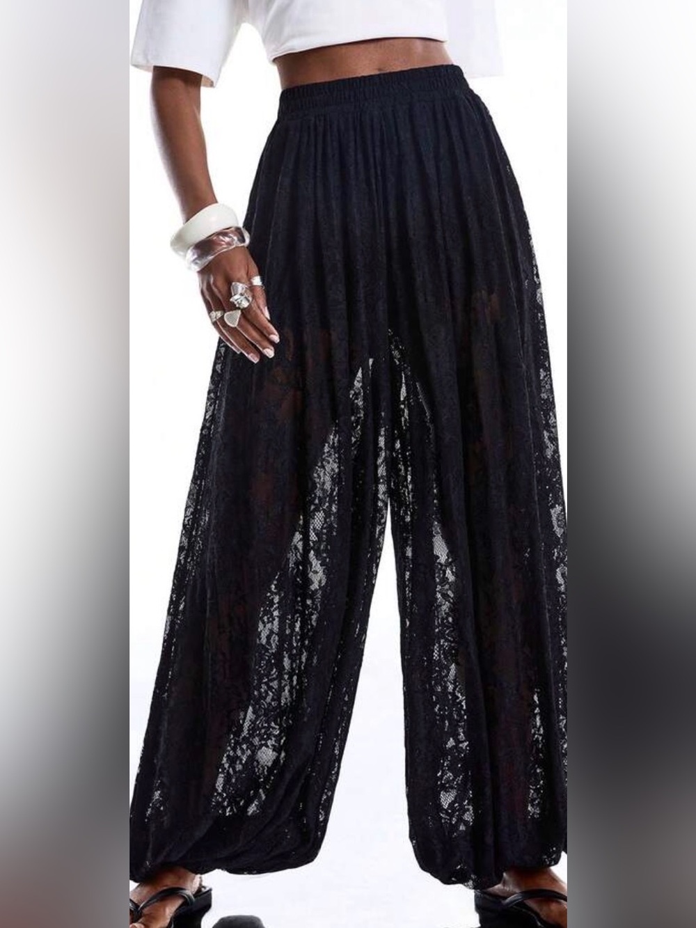 Black Sheer Lace Wide-Leg Pants for Women